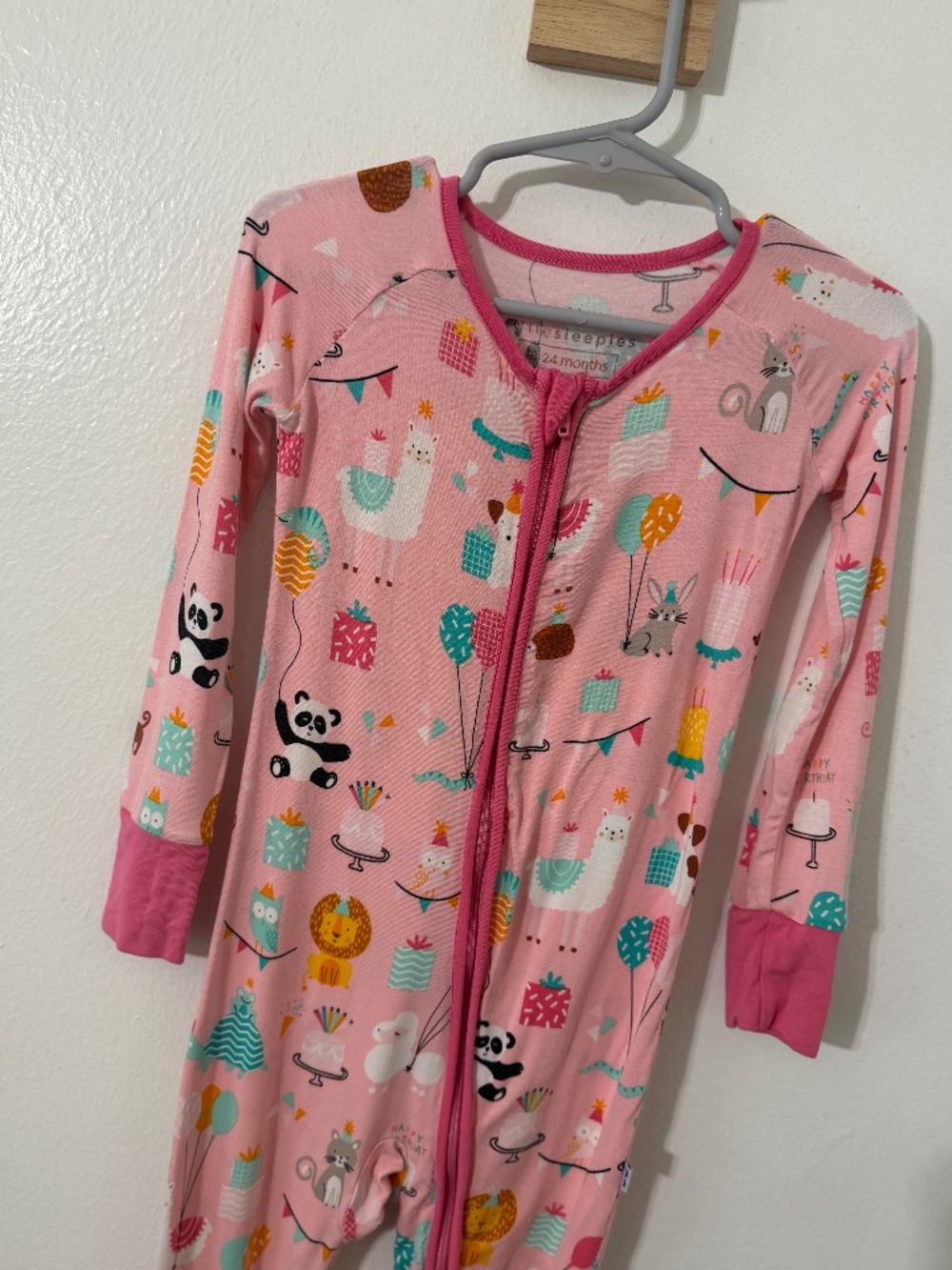 Little Sleepies Pink Party Animals Bamboo Zippy 18-24 Months Happy Birthday